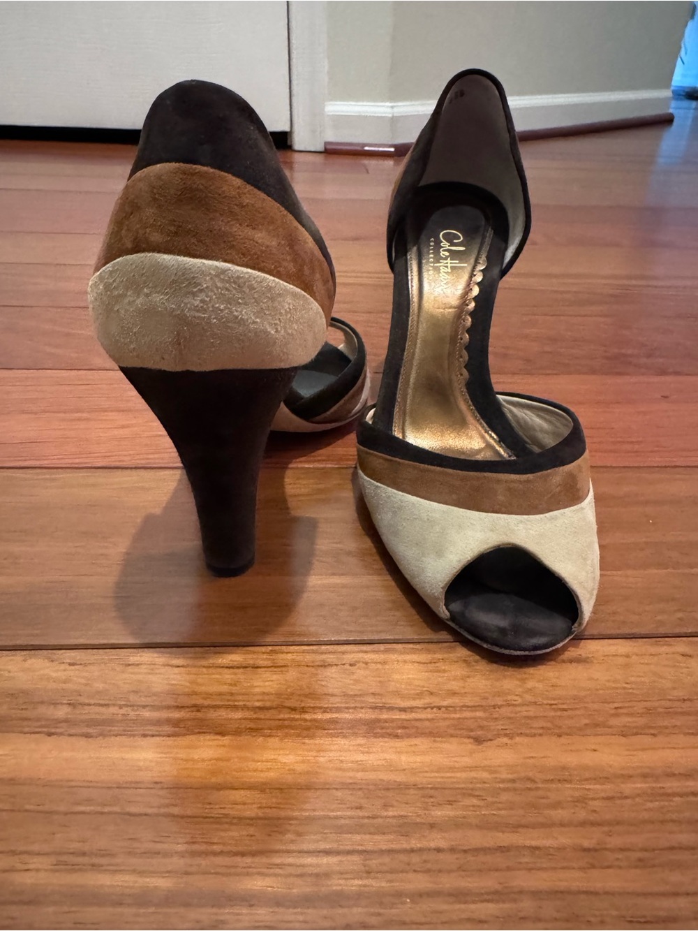 Cole Haan Women's Suede Tricolor Peep-Toe Heels - Black/Brown/Cream